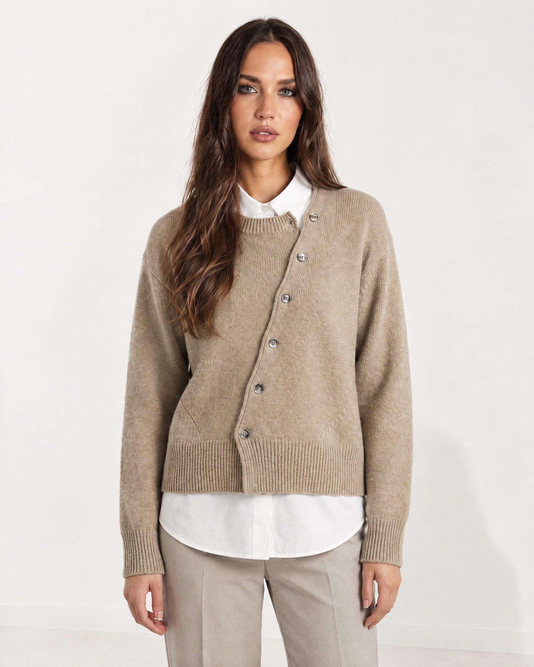 Beige Button Cardigan Asymmetric Crew Neck Knit