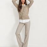 Beige Button Cardigan Asymmetric Crew Neck Knit