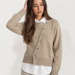 Beige Button Cardigan Asymmetric Crew Neck Knit
