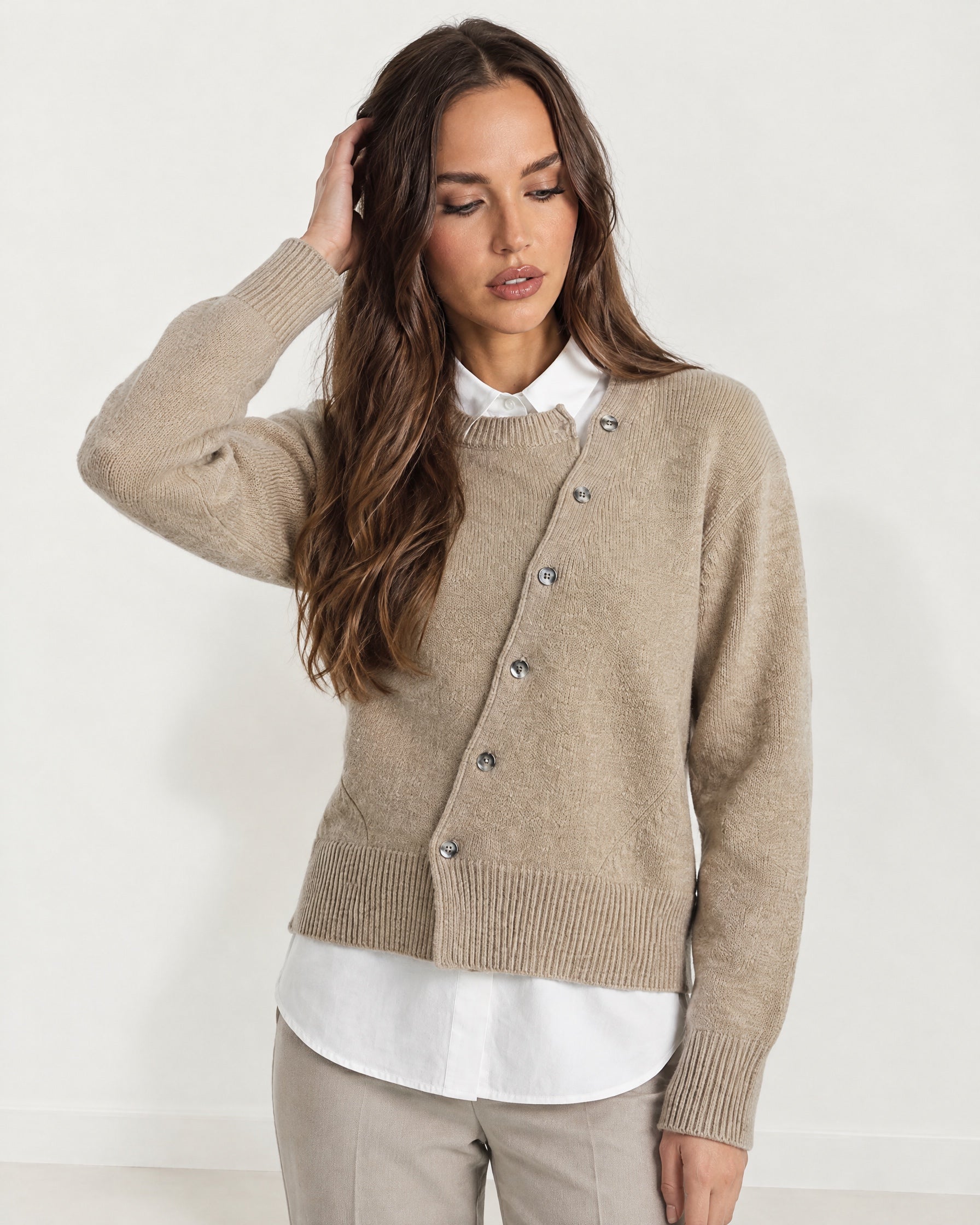 Beige Button Cardigan Asymmetric Crew Neck Knit