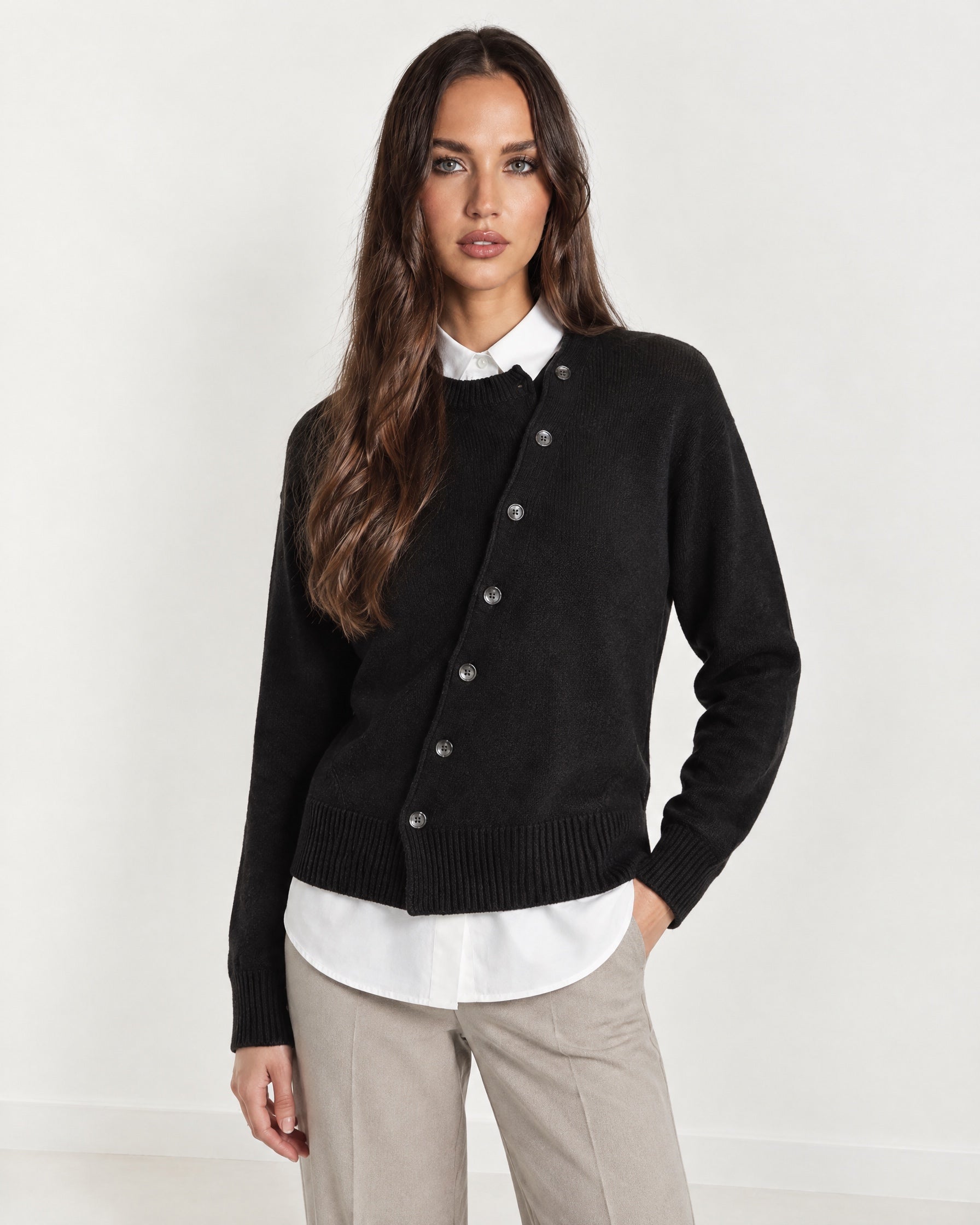 Black Button Cardigan Asymmetric Crew Neck Knit