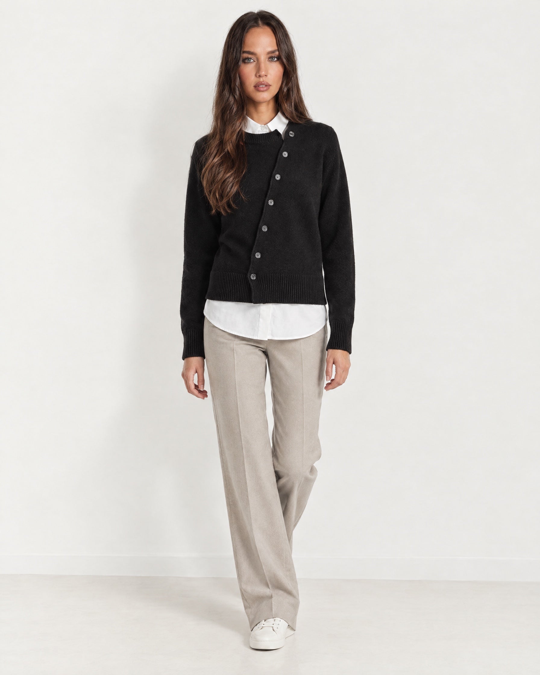 Black Button Cardigan Asymmetric Crew Neck Knit