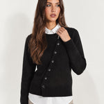 Black Button Cardigan Asymmetric Crew Neck Knit