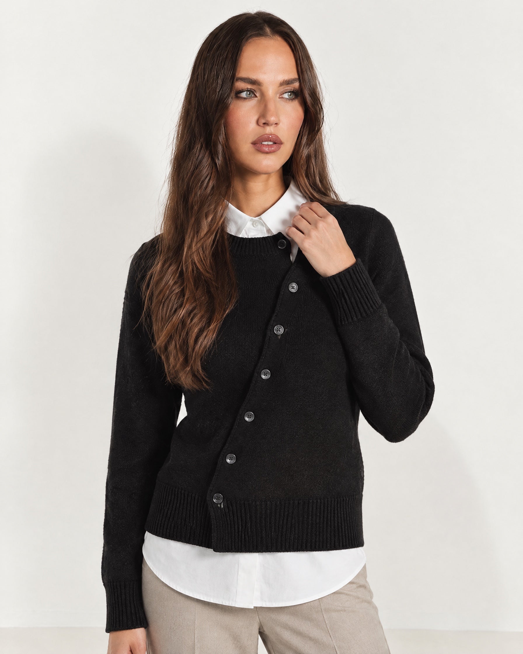Black Button Cardigan Asymmetric Crew Neck Knit