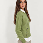 Green Button Cardigan Asymmetric Crew Neck Knit