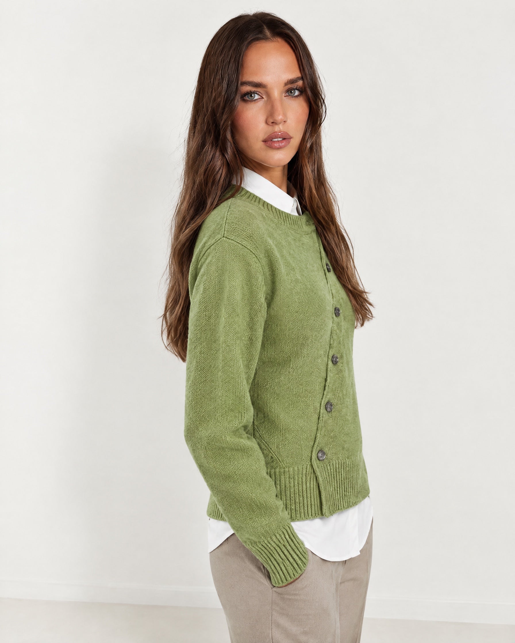 Green Button Cardigan Asymmetric Crew Neck Knit