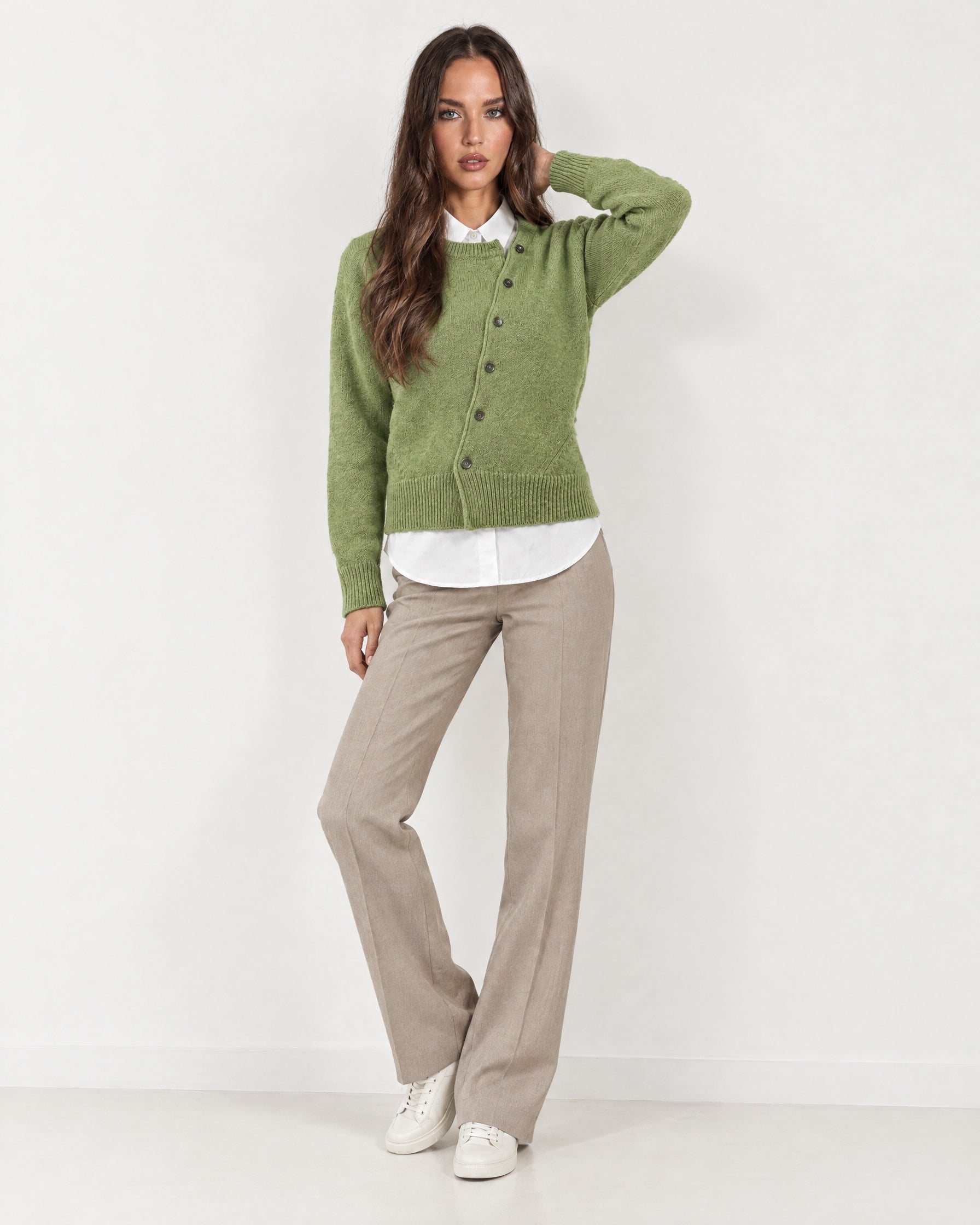 Green Button Cardigan Asymmetric Crew Neck Knit