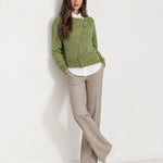 Green Button Cardigan Asymmetric Crew Neck Knit