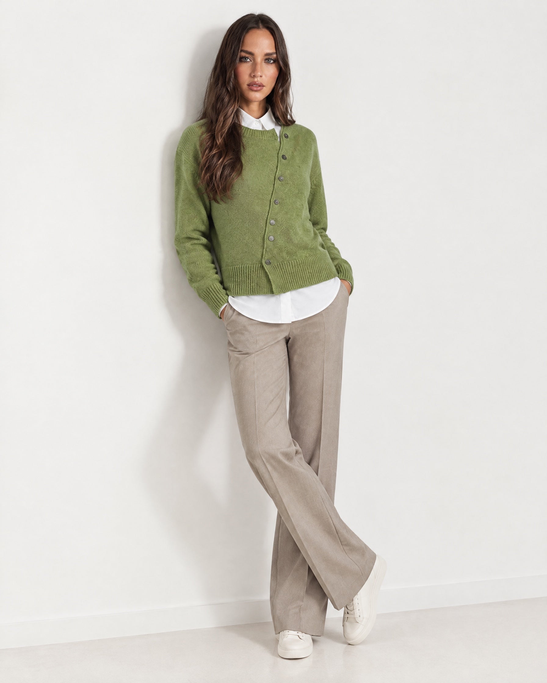 Green Button Cardigan Asymmetric Crew Neck Knit