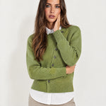 Green Button Cardigan Asymmetric Crew Neck Knit