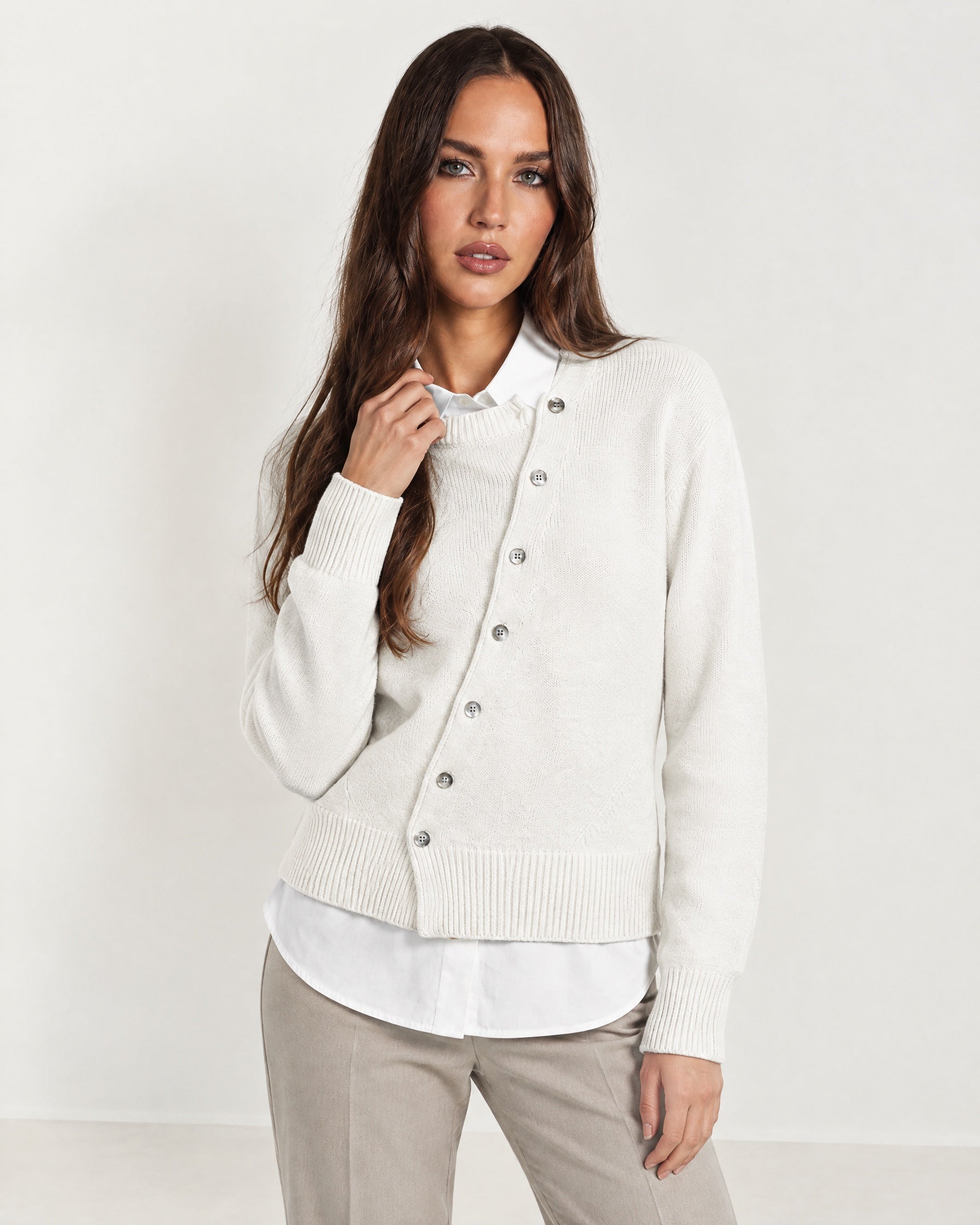 White Button Cardigan Asymmetric Crew Neck Knit