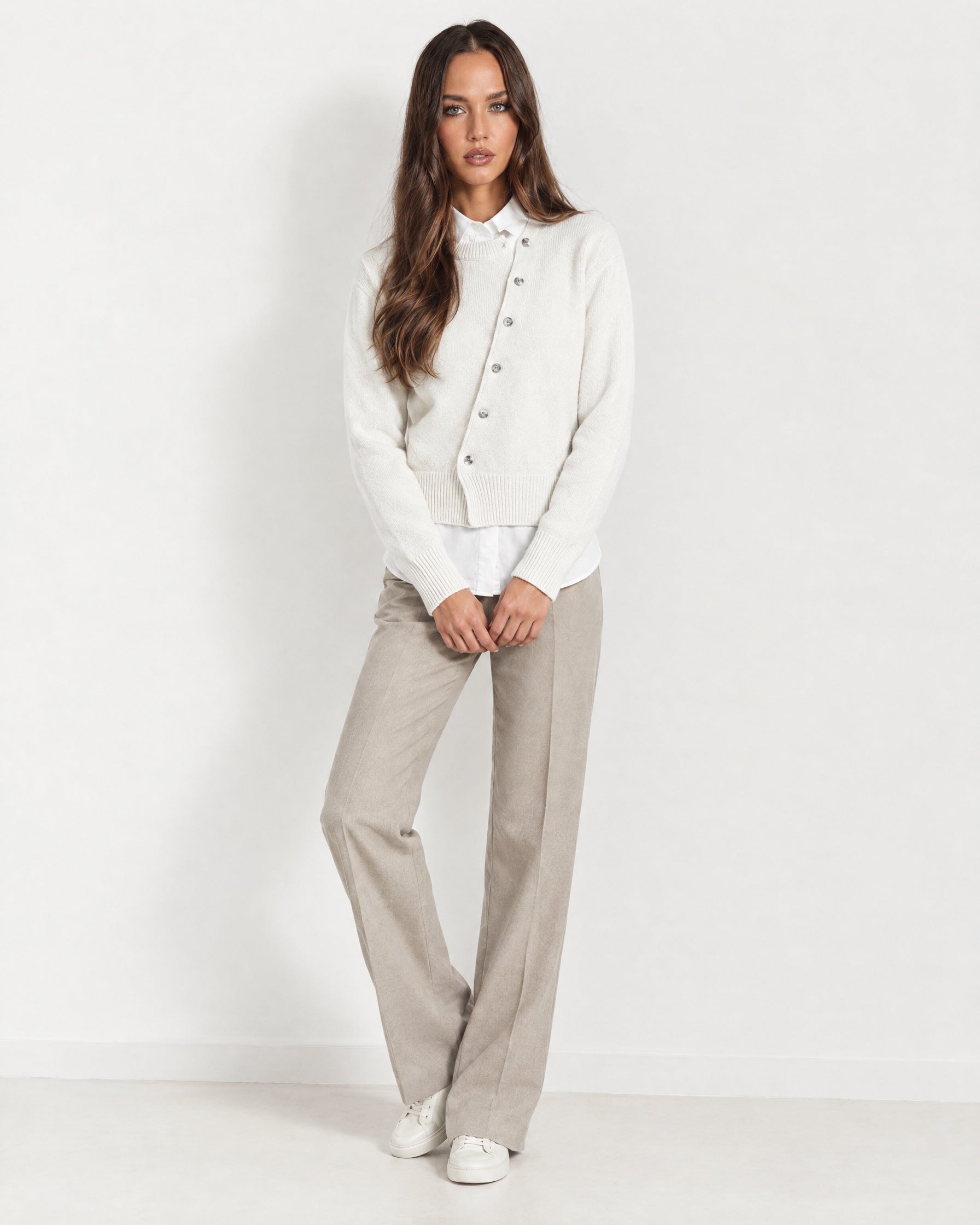 White Button Cardigan Asymmetric Crew Neck Knit