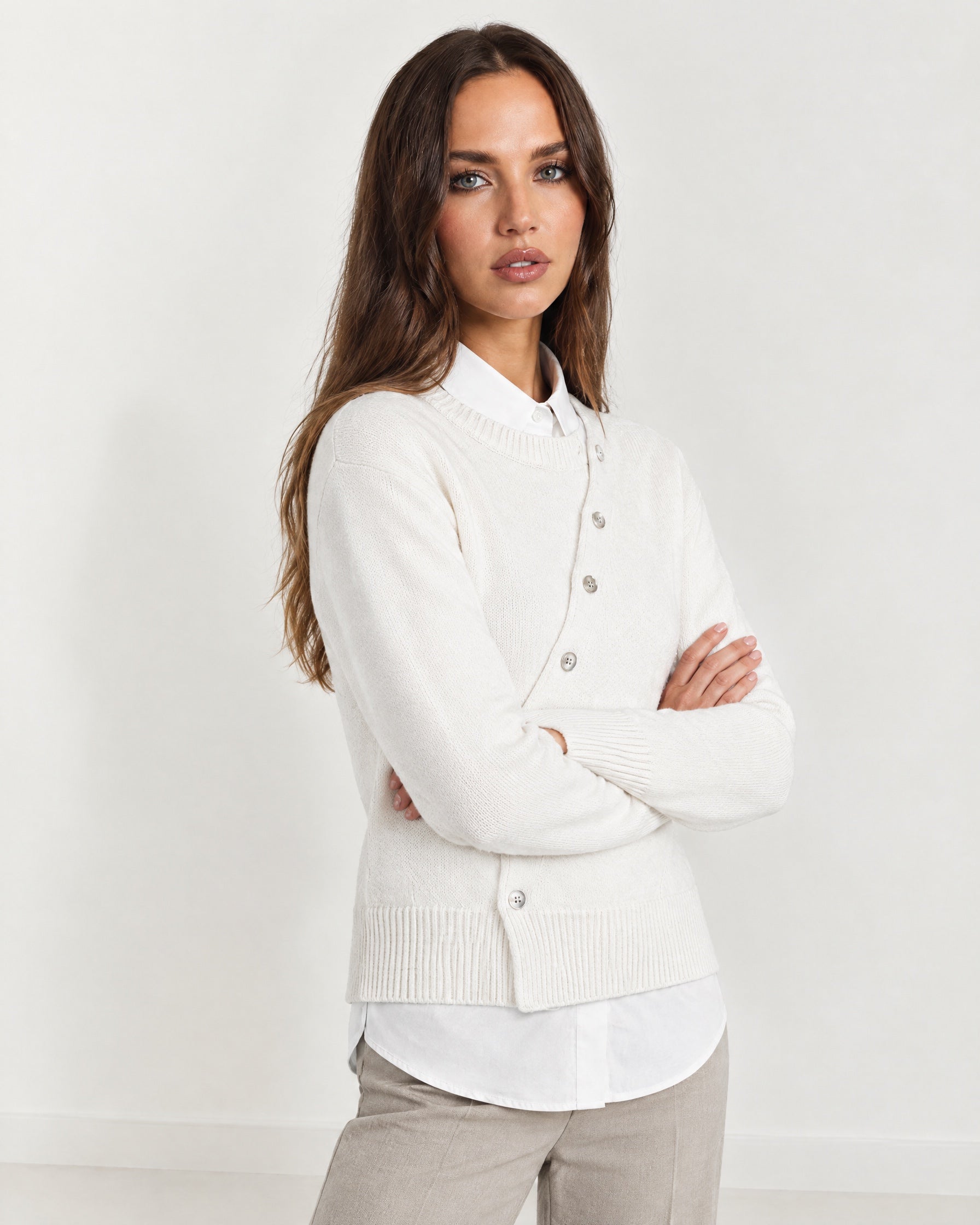 White Button Cardigan Asymmetric Crew Neck Knit