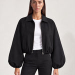 Black Cropped Jacket Oversized Bomber Jacket with Balloon Sleeves and Zip Front