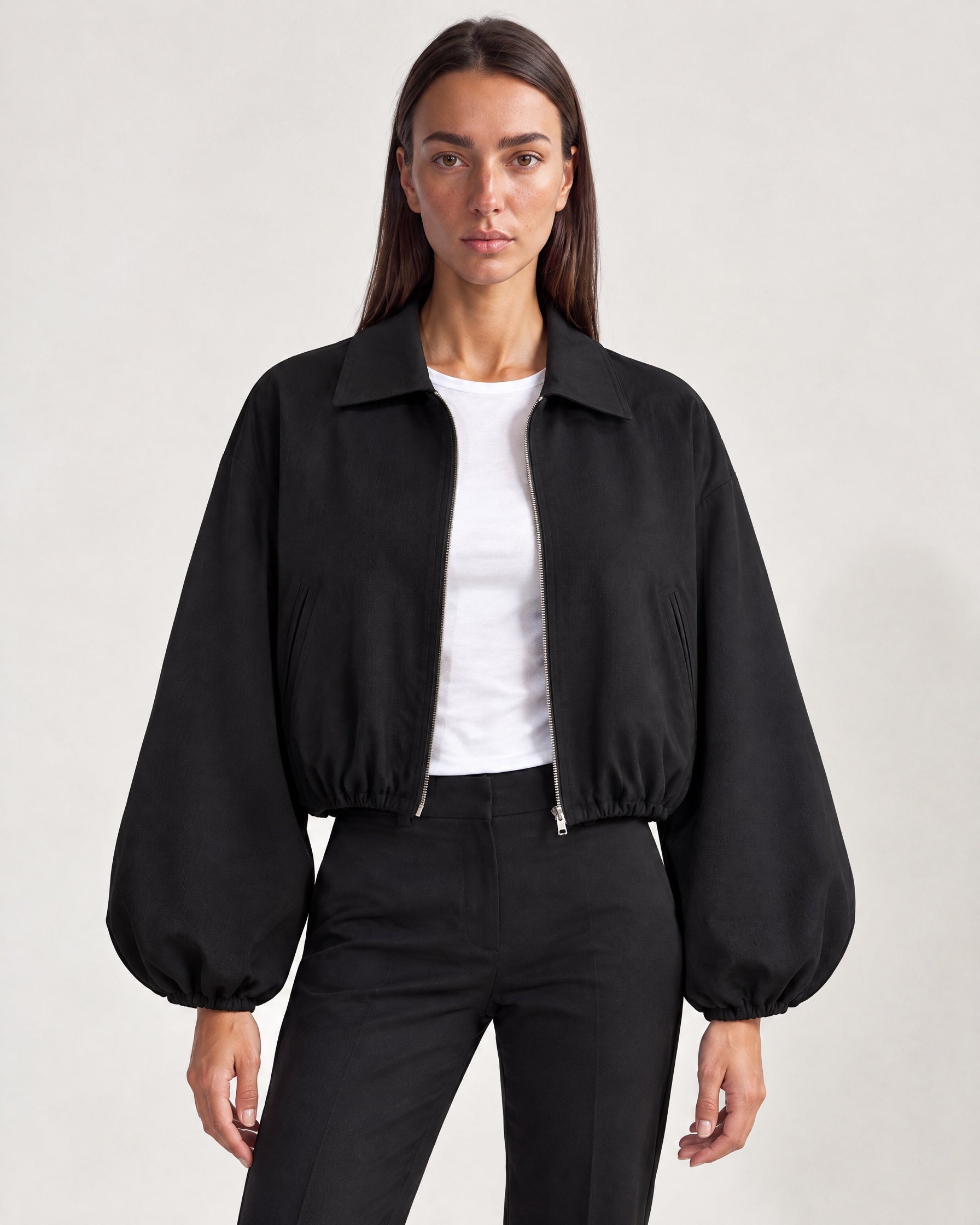 Black Cropped Jacket Oversized Bomber Jacket with Balloon Sleeves and Zip Front