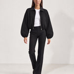 Black Cropped Jacket Oversized Bomber Jacket with Balloon Sleeves and Zip Front