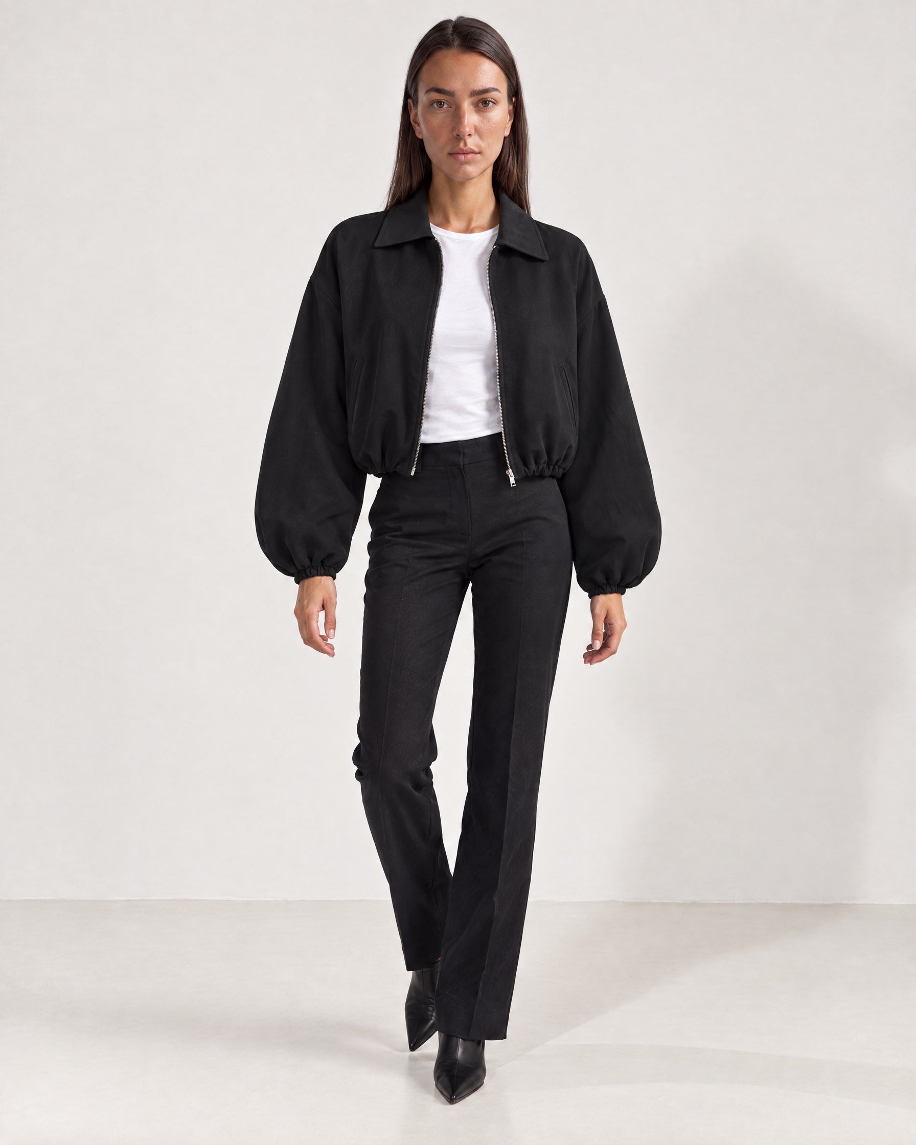 Black Cropped Jacket Oversized Bomber Jacket with Balloon Sleeves and Zip Front