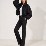 Black Cropped Jacket Oversized Bomber Jacket with Balloon Sleeves and Zip Front