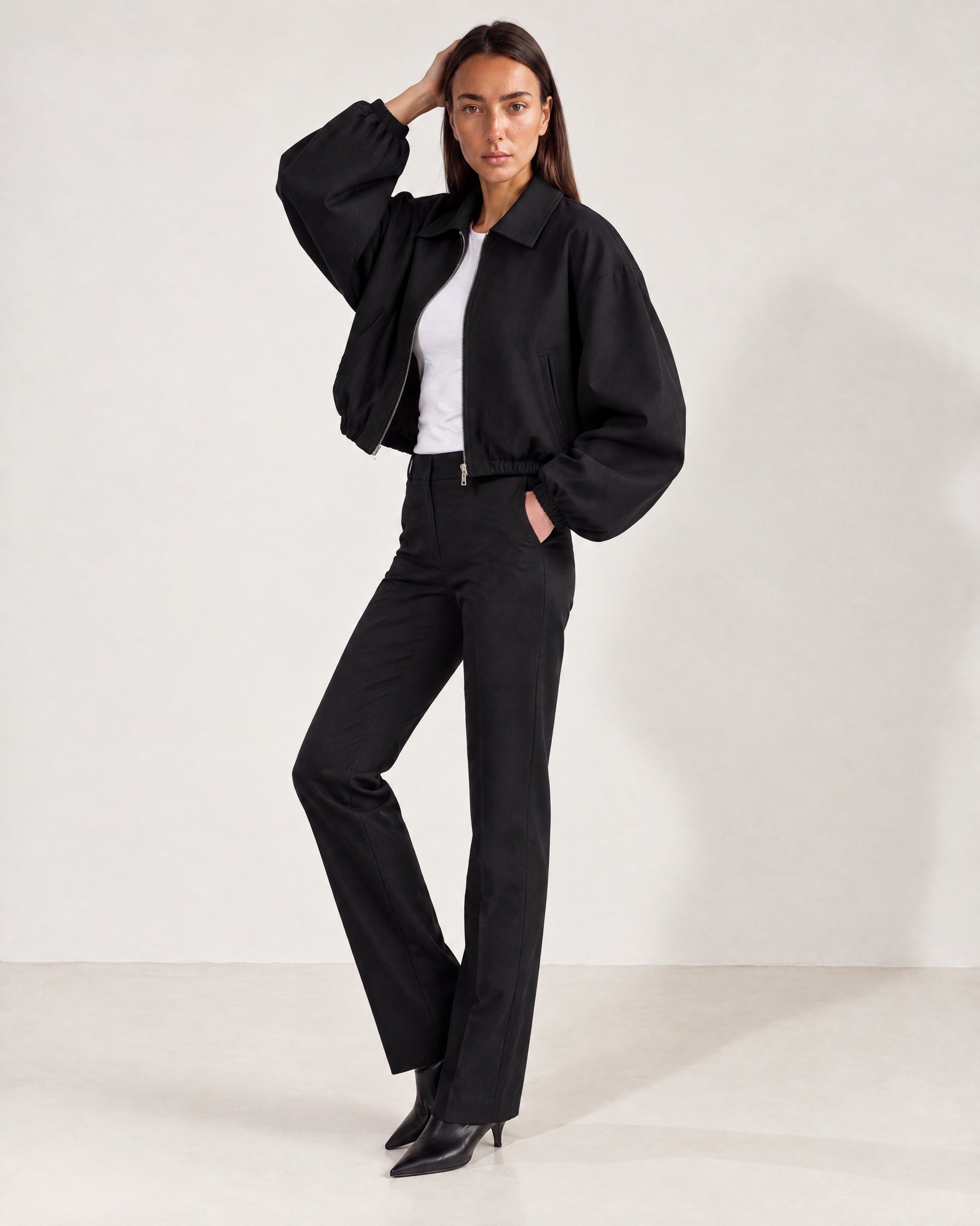 Black Cropped Jacket Oversized Bomber Jacket with Balloon Sleeves and Zip Front
