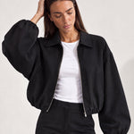 Black Cropped Jacket Oversized Bomber Jacket with Balloon Sleeves and Zip Front