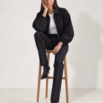 Black Cropped Jacket Oversized Bomber Jacket with Balloon Sleeves and Zip Front