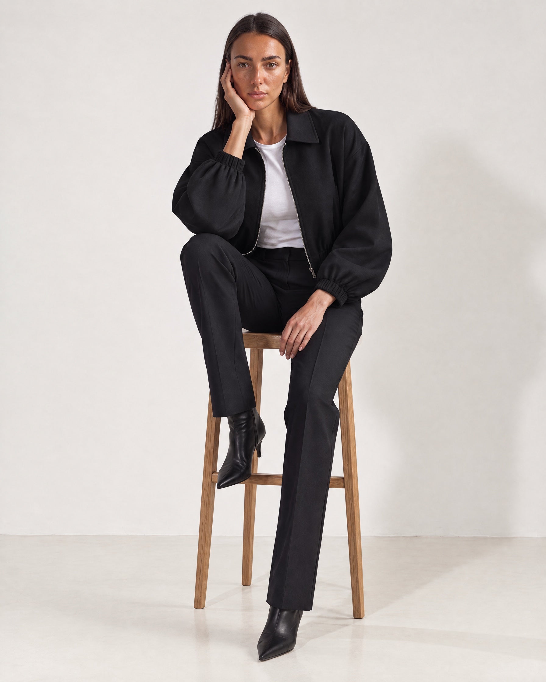 Black Cropped Jacket Oversized Bomber Jacket with Balloon Sleeves and Zip Front