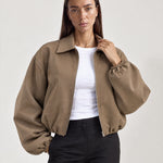 Camel Cropped Jacket Oversized Bomber Jacket with Balloon Sleeves and Zip Front