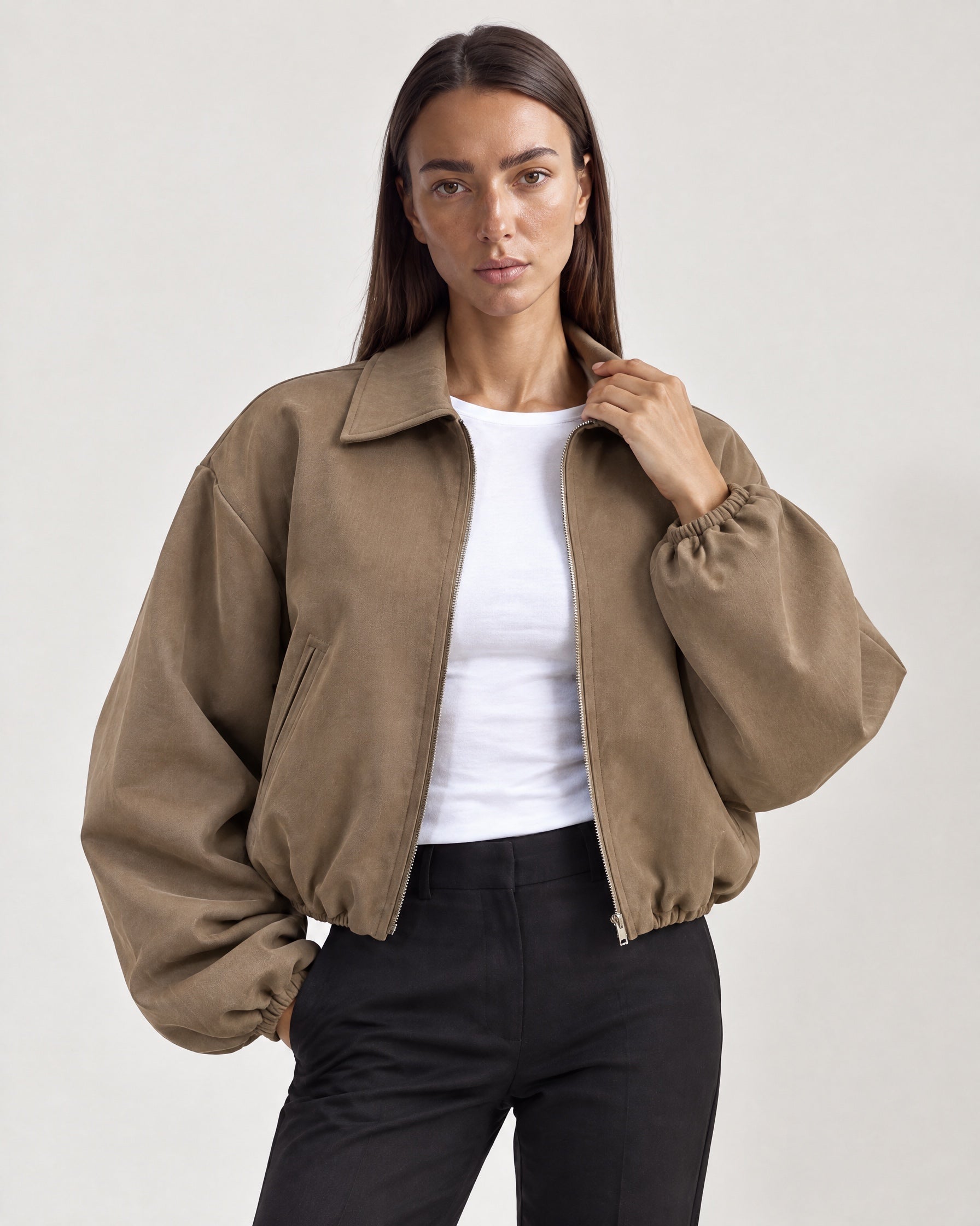 Camel Cropped Jacket Oversized Bomber Jacket with Balloon Sleeves and Zip Front