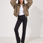 Camel Cropped Jacket Oversized Bomber Jacket with Balloon Sleeves and Zip Front