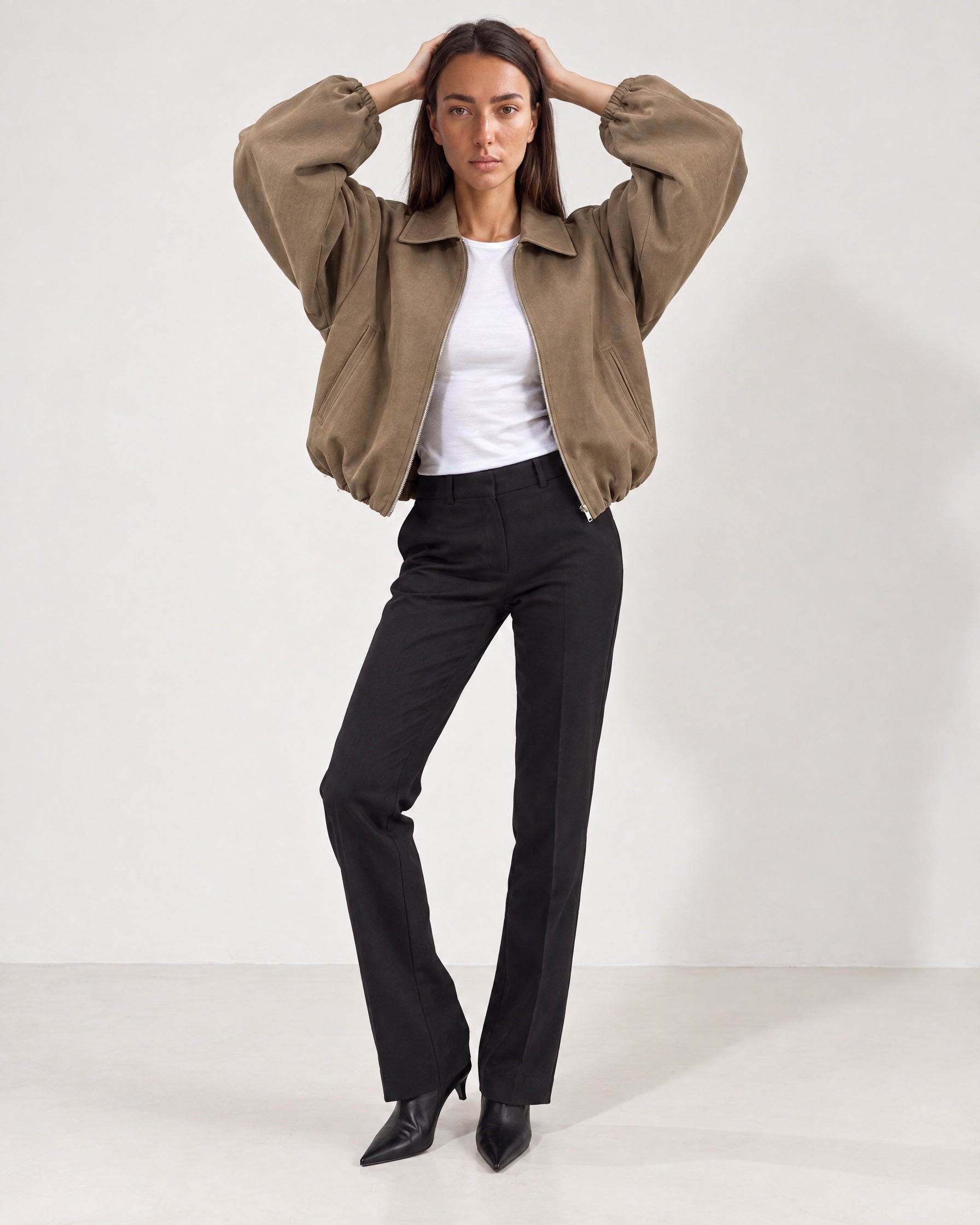 Camel Cropped Jacket Oversized Bomber Jacket with Balloon Sleeves and Zip Front