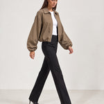 Camel Cropped Jacket Oversized Bomber Jacket with Balloon Sleeves and Zip Front