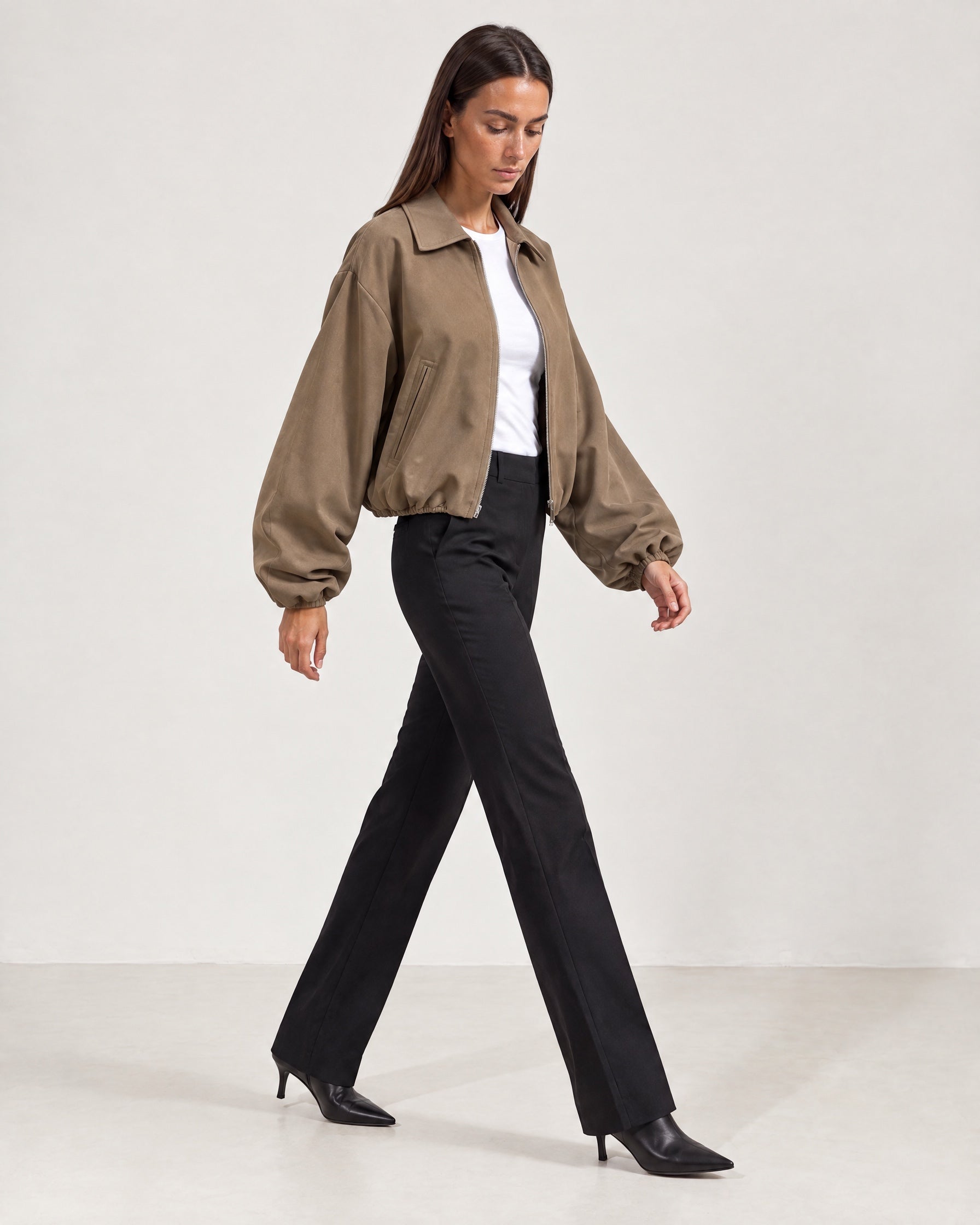 Camel Cropped Jacket Oversized Bomber Jacket with Balloon Sleeves and Zip Front