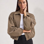 Camel Cropped Jacket Oversized Bomber Jacket with Balloon Sleeves and Zip Front