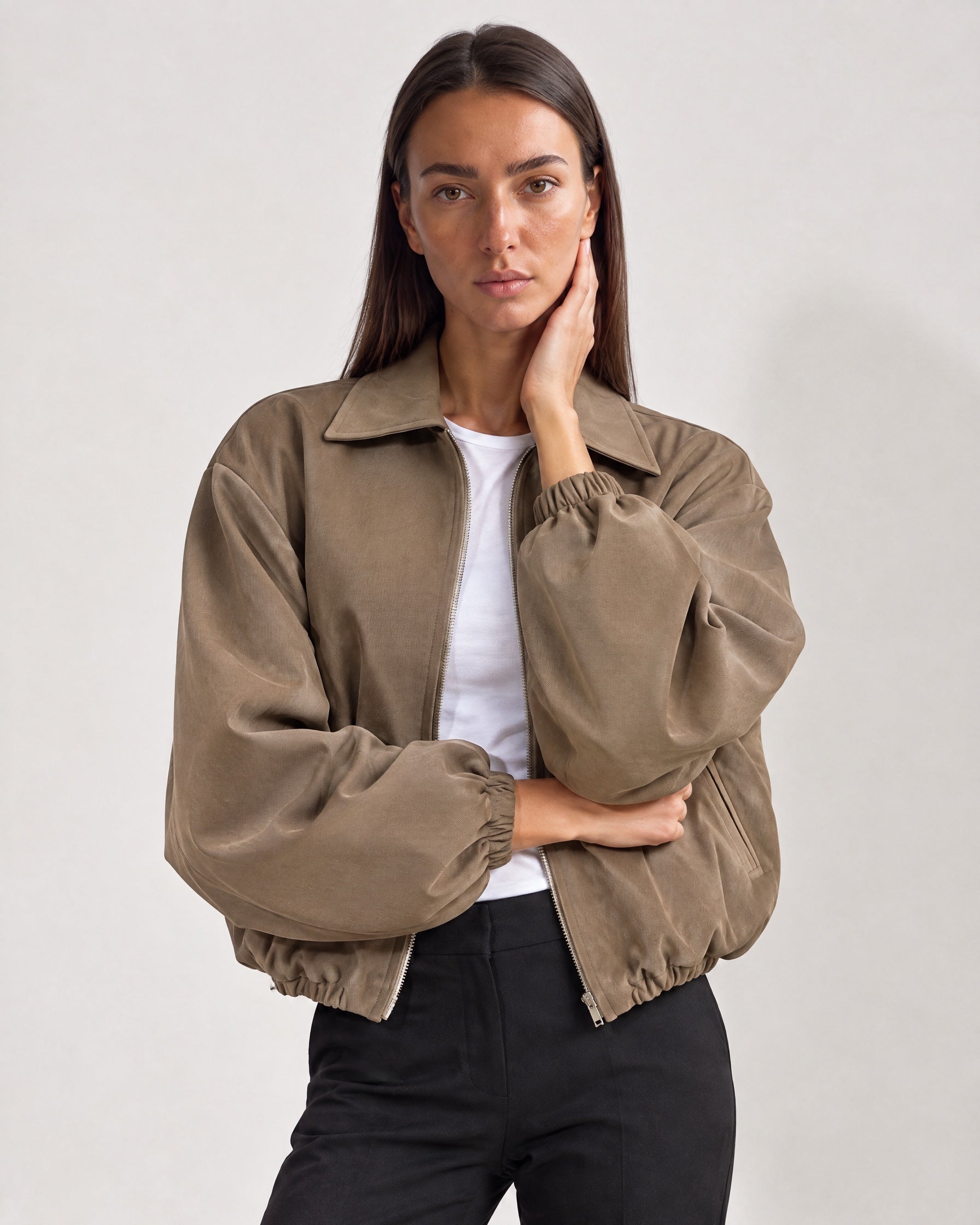 Camel Cropped Jacket Oversized Bomber Jacket with Balloon Sleeves and Zip Front