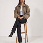 Camel Cropped Jacket Oversized Bomber Jacket with Balloon Sleeves and Zip Front