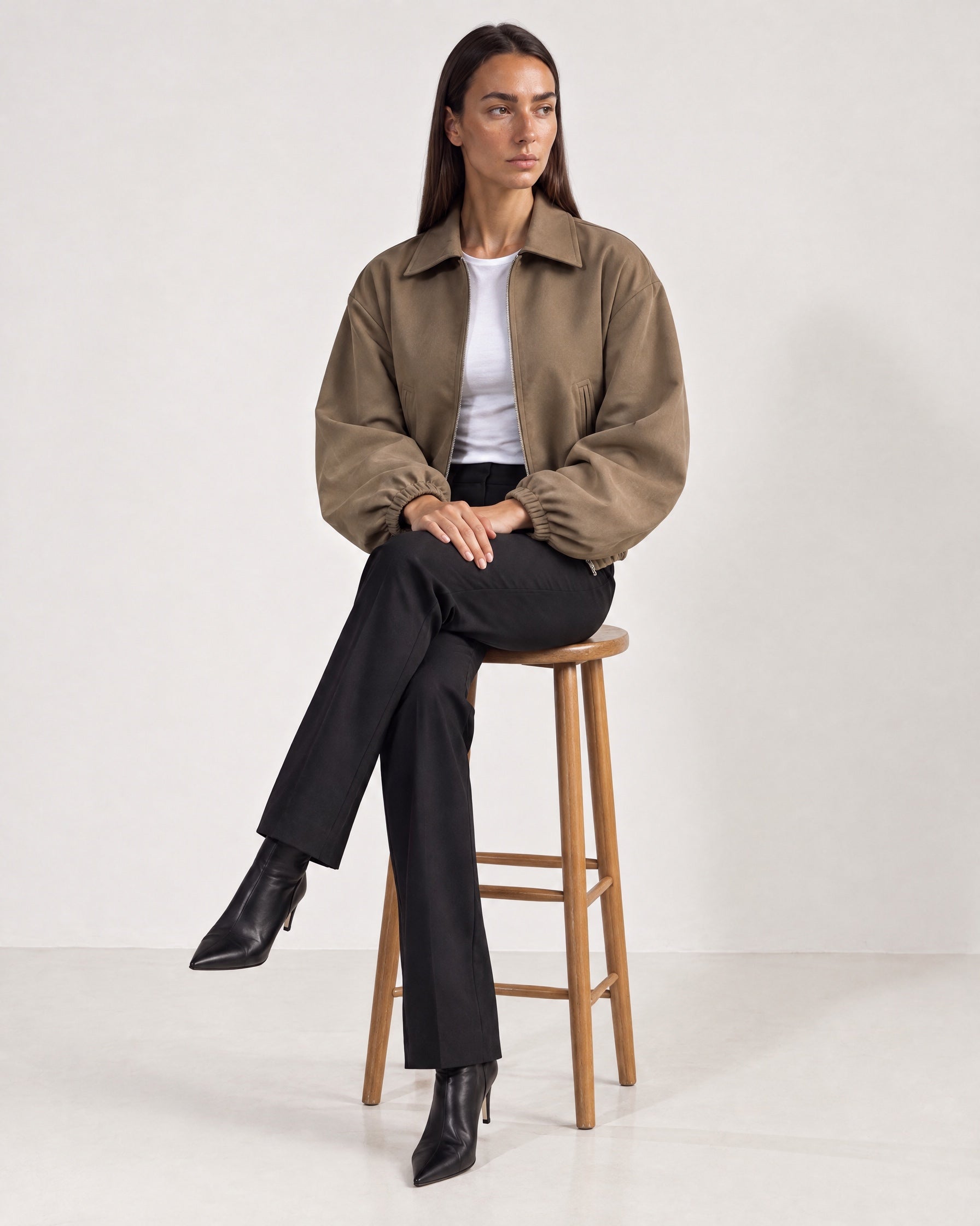 Camel Cropped Jacket Oversized Bomber Jacket with Balloon Sleeves and Zip Front
