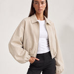 Cream Cropped Jacket Oversized Bomber Jacket with Balloon Sleeves and Zip Front