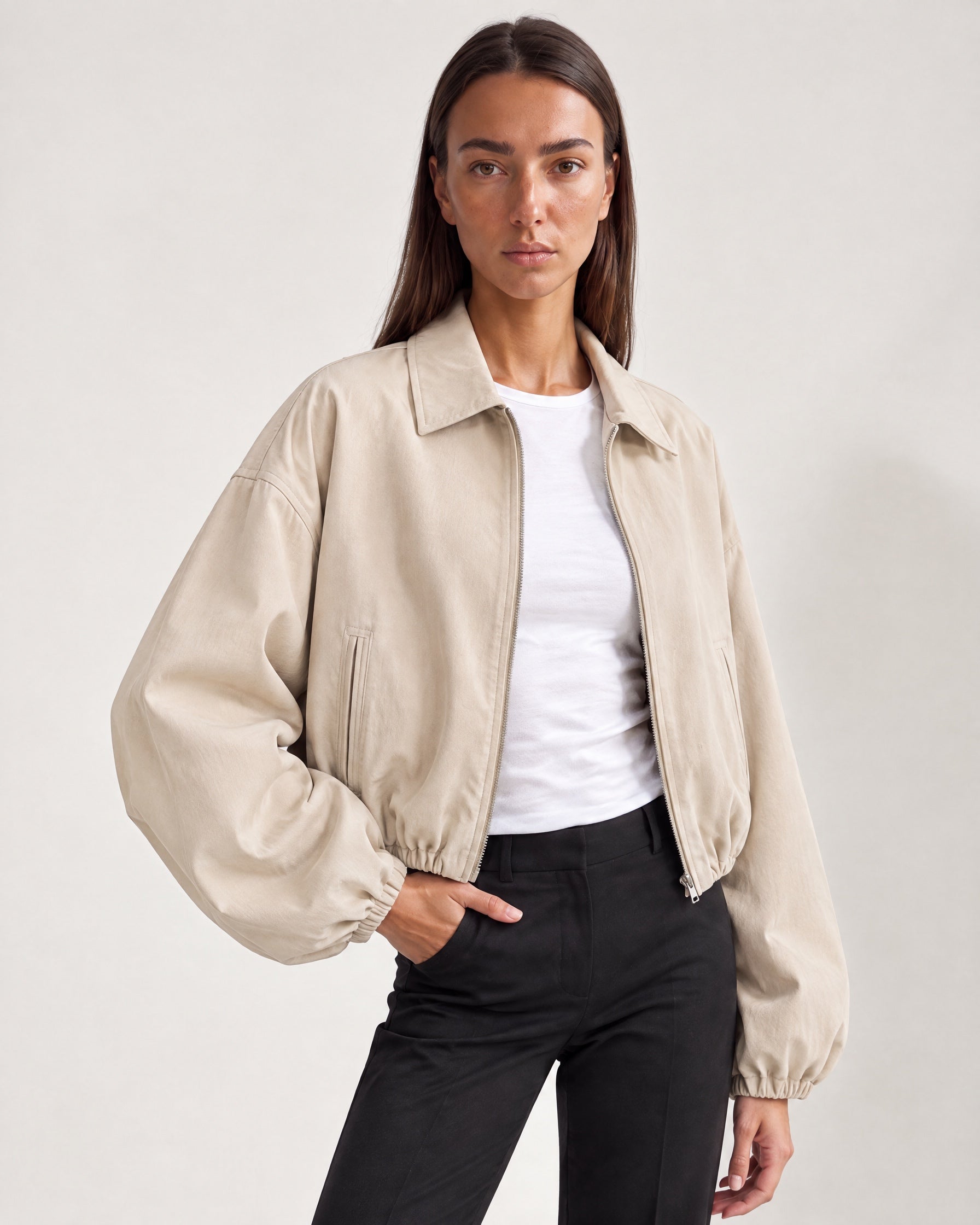 Cream Cropped Jacket Oversized Bomber Jacket with Balloon Sleeves and Zip Front