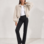 Cream Cropped Jacket Oversized Bomber Jacket with Balloon Sleeves and Zip Front