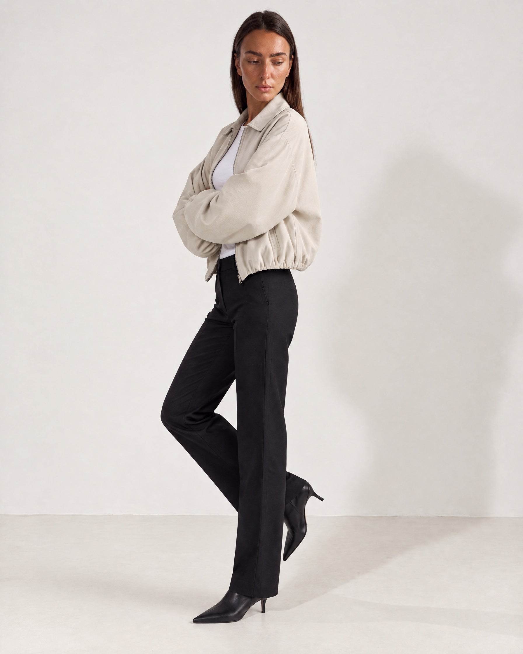 Cream Cropped Jacket Oversized Bomber Jacket with Balloon Sleeves and Zip Front