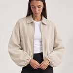 Cream Cropped Jacket Oversized Bomber Jacket with Balloon Sleeves and Zip Front