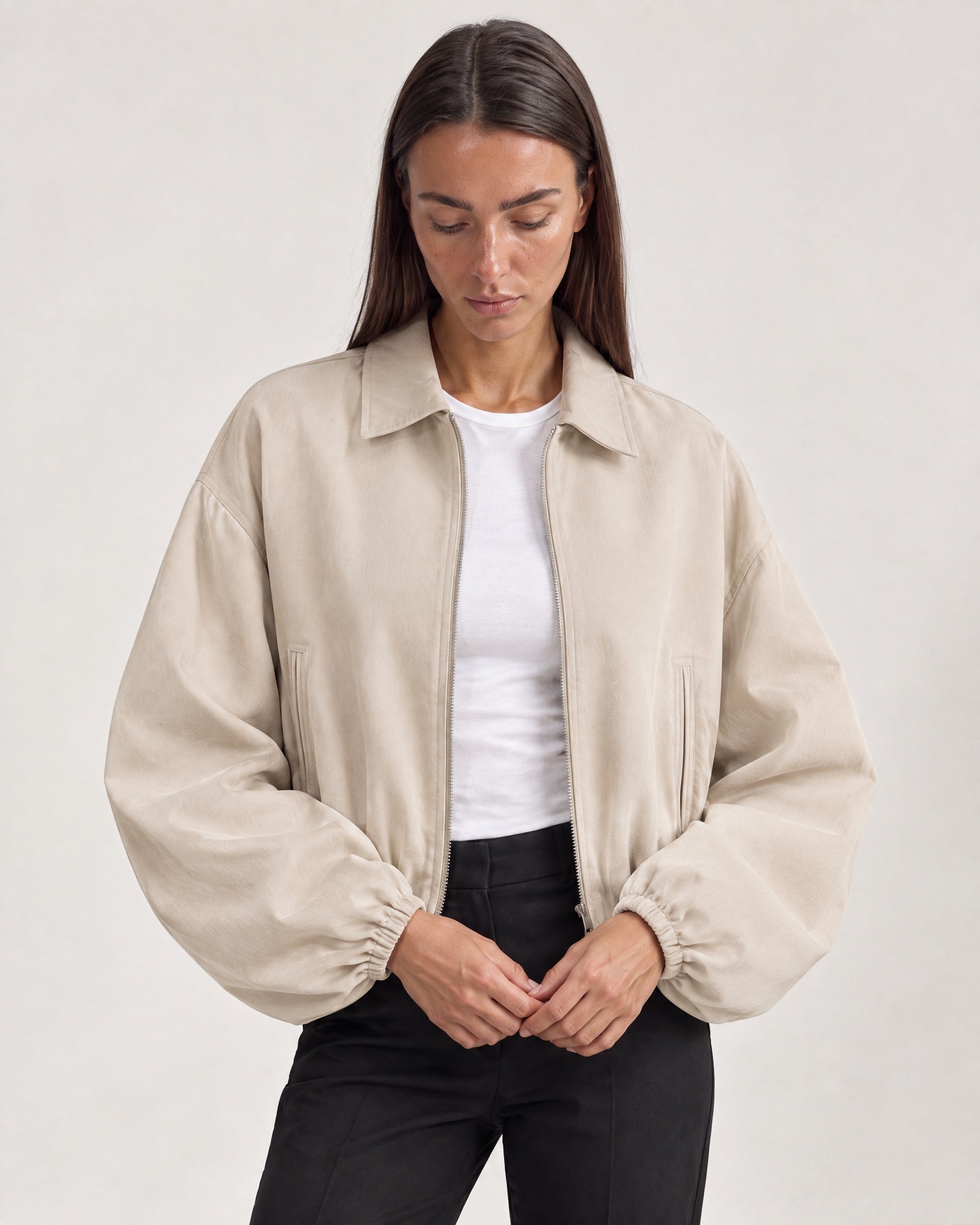Cream Cropped Jacket Oversized Bomber Jacket with Balloon Sleeves and Zip Front