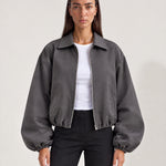 Grey Cropped Jacket Oversized Bomber Jacket with Balloon Sleeves and Zip Front