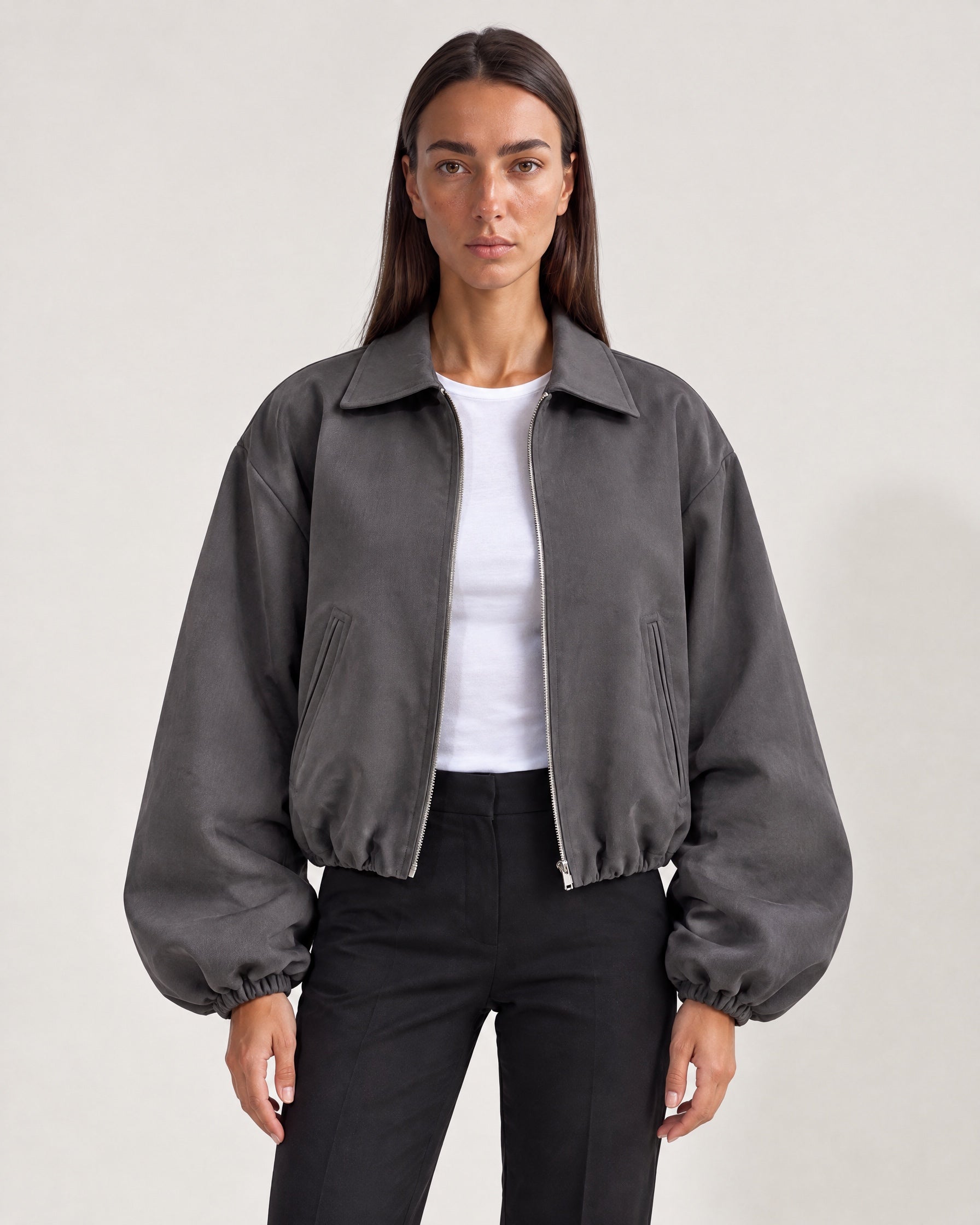 Grey Cropped Jacket Oversized Bomber Jacket with Balloon Sleeves and Zip Front