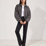 Grey Cropped Jacket Oversized Bomber Jacket with Balloon Sleeves and Zip Front