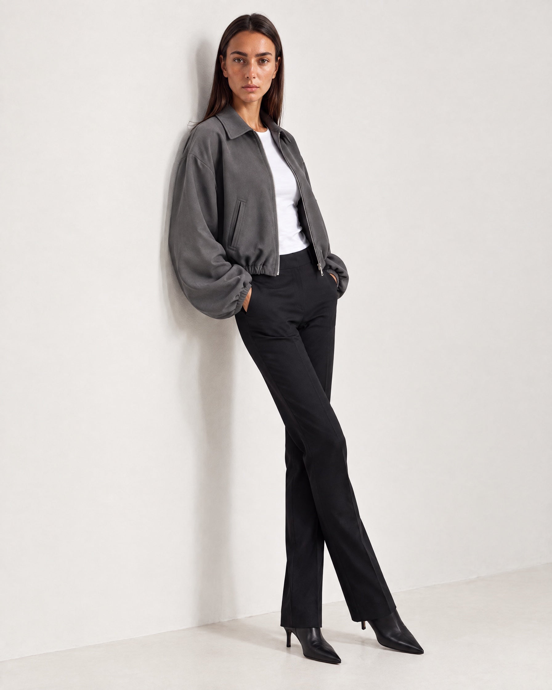 Grey Cropped Jacket Oversized Bomber Jacket with Balloon Sleeves and Zip Front