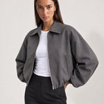 Grey Cropped Jacket Oversized Bomber Jacket with Balloon Sleeves and Zip Front