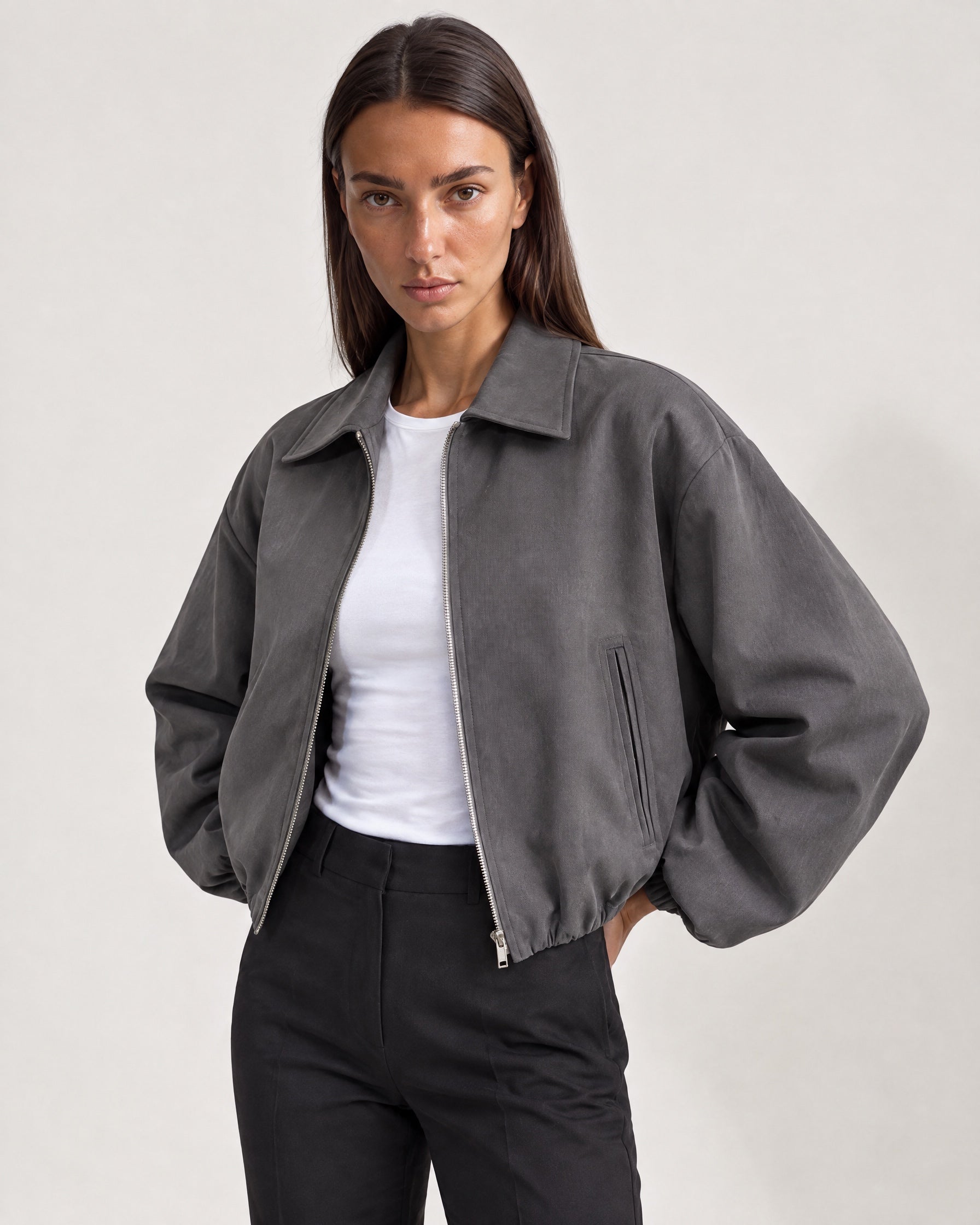 Grey Cropped Jacket Oversized Bomber Jacket with Balloon Sleeves and Zip Front