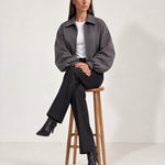 Grey Cropped Jacket Oversized Bomber Jacket with Balloon Sleeves and Zip Front