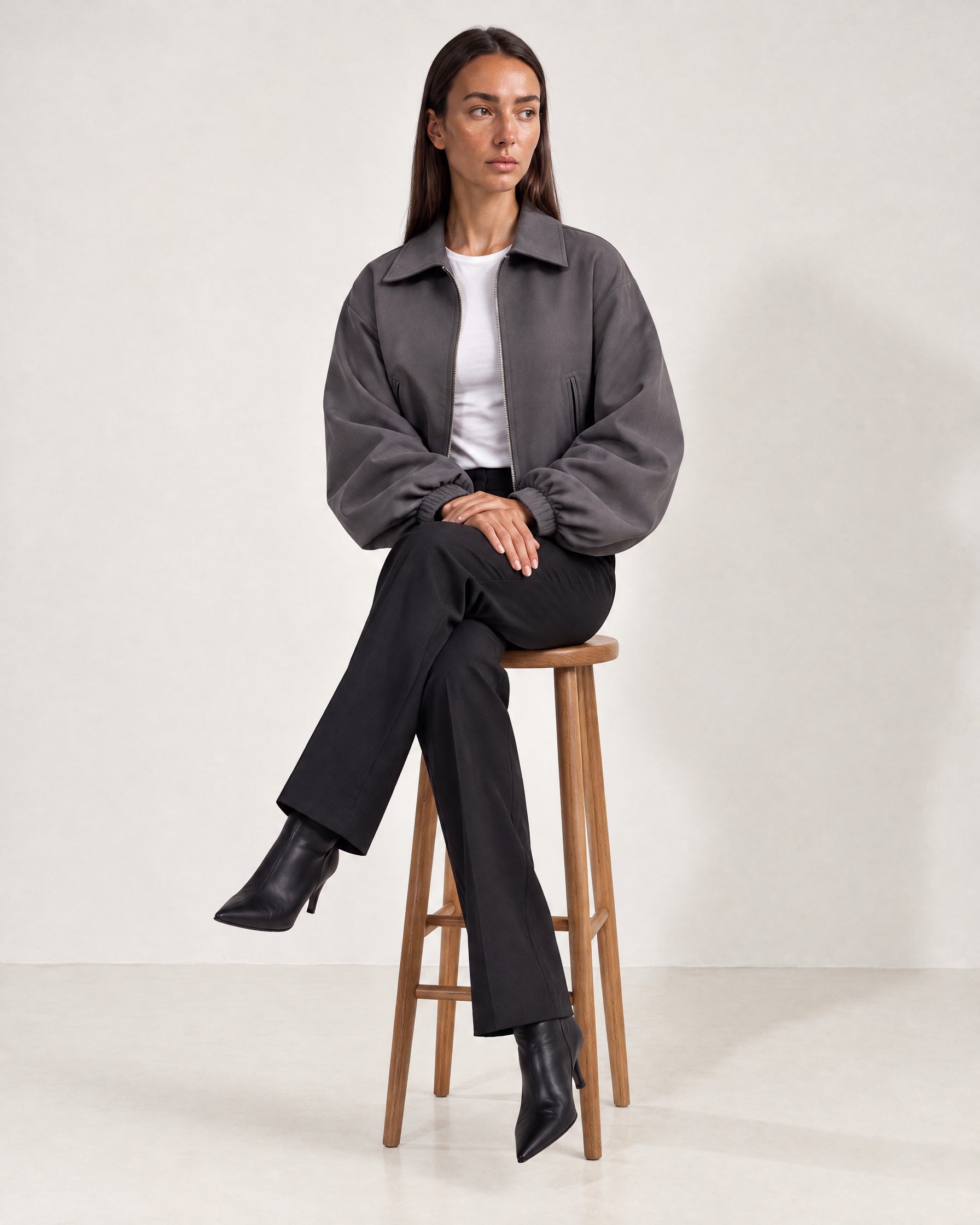 Grey Cropped Jacket Oversized Bomber Jacket with Balloon Sleeves and Zip Front